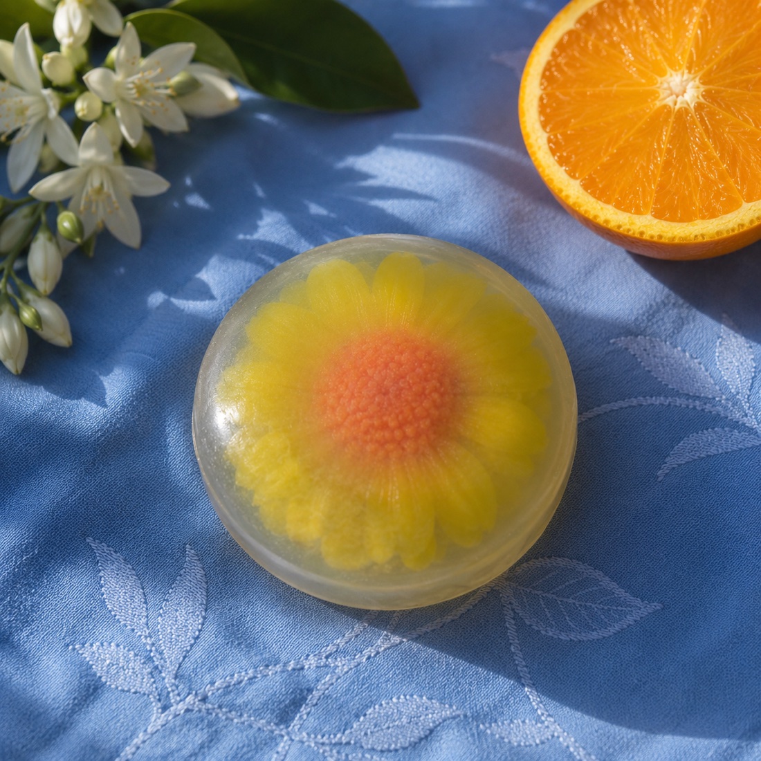 Sabonete artesanal Terra e Flor com flor natural, ao lado de laranja e flores de laranjeira