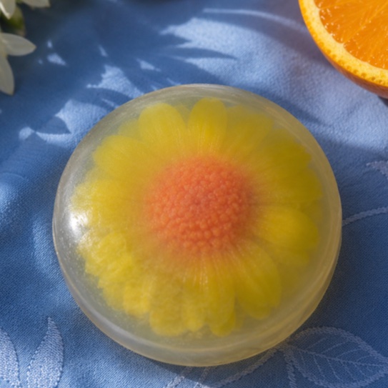 Sabonete artesanal Terra e Flor com flor amarela incrustada